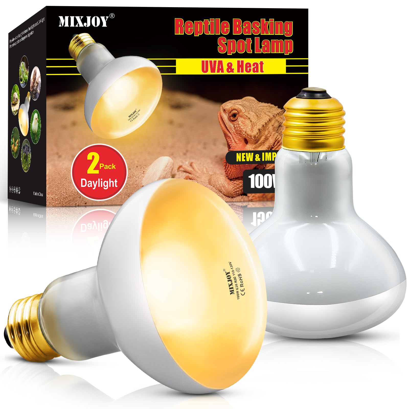 MIXJOY Reptile Heat Lamp, 2 Pack 100W Reptile Heat Lamp Bulbs, UVA Daylight Bask