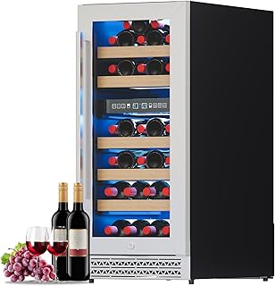 Albott 15 Inch Wine Fridge, Dual Zone 31 Bottle Wine Cooler | with Digital Temperature Control, Reversible Double-Layer Glass Door, Built-in or Freestanding Design for Home and Bar