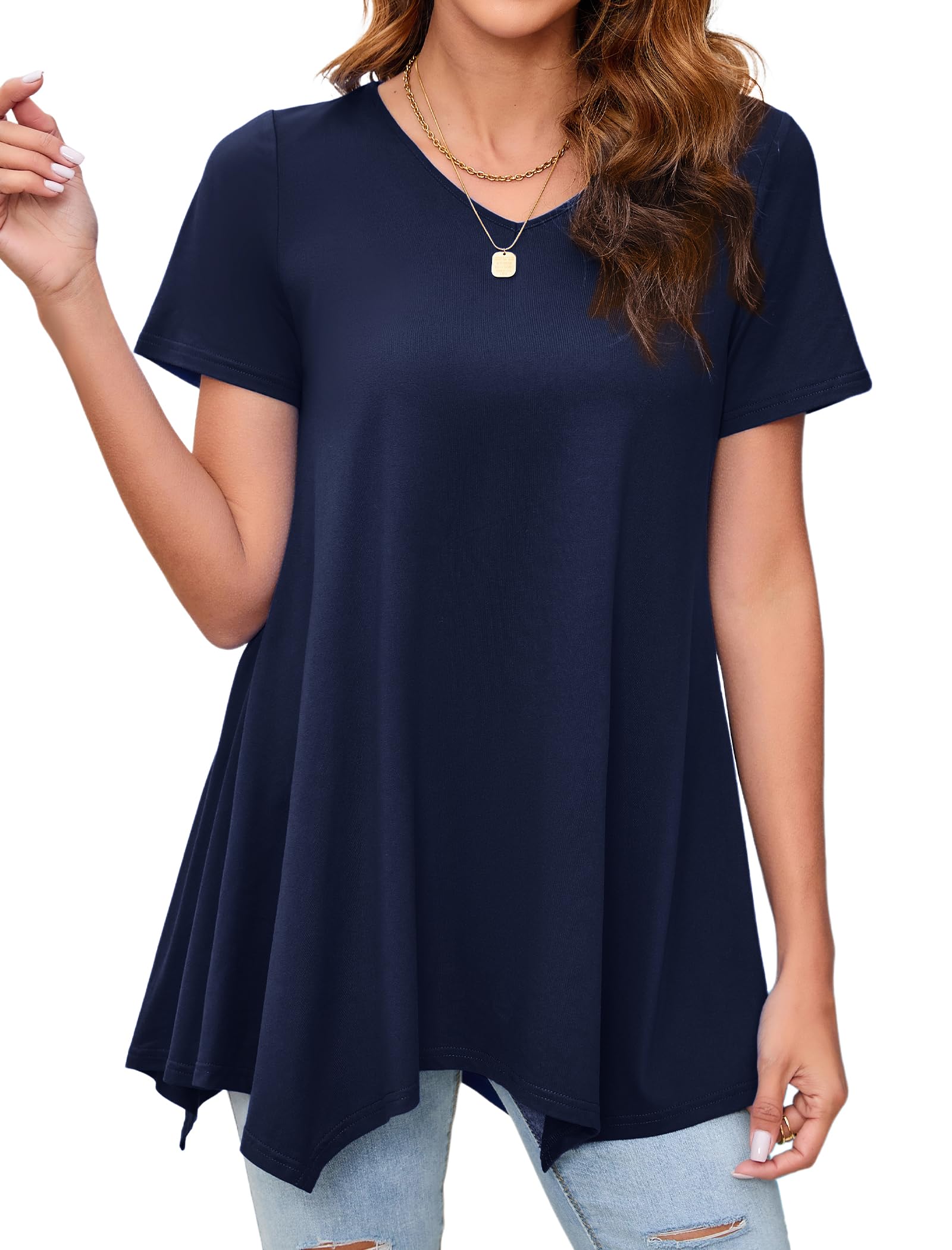 Enmain Women's T-Shirt Tunic Summer Short Sleeve V-Neck Top Blouse Longline Soli