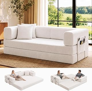 GEARIVY Convertible Sleeper Sofa Bed Corduroy Couch Bed 4-in-1 DIY Combination Modular Sofa Fold Out King Size Sleeper Floor Cama Lounge Couch for Living Room (Cream, 184CM)