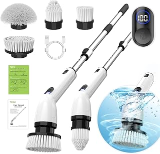 TUYU Electric Spin Scrubber, Cordless Cleaning Brush for Bathroom,Home | IPX7 waterproof power scrubber with LCD display, multi heads, extendable handle, 90min runtime for bathroom kitchen glass car