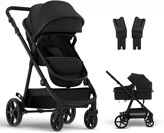 Mompush Meteor2 Baby Stroller Bassinet Stroller, Car Seat Adapter Included | Reversible Seat Newborn to Toddler UPF 50+ Canopy All-Terrain Wheels Compact Fold Cup Holder Foot Cover Car Seat Adapter