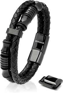 SERASAR Premium Leather Bracelet for Men, Magnetic Clasp Made of Stainless Steel in Black, Silver and Gold, Includes Jewellery Box, Great Gift Idea