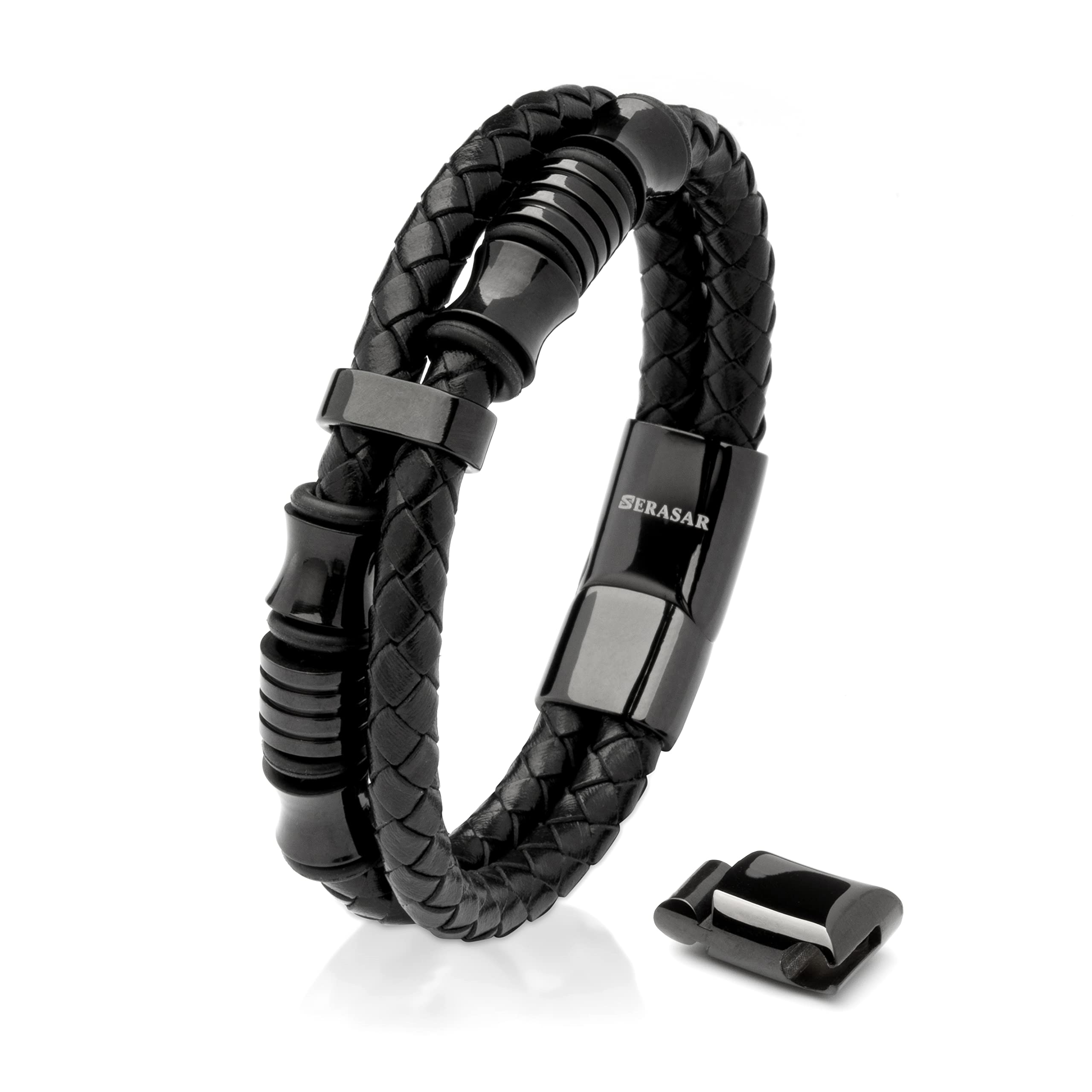 SERASAR Premium Leather Bracelet for Men, Magnetic Clasp Made of Stainless Steel