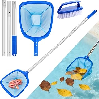Swimming Pool Skimmer with Small Brush , Deep Pond Fish Net With Ajustable Thick Metal Pole, Pool Cleaning Kit Accessories for Pond Pool Hottub Spa Koi Tank Scoop Out Leaves Twigs Hairs Bugs Debris