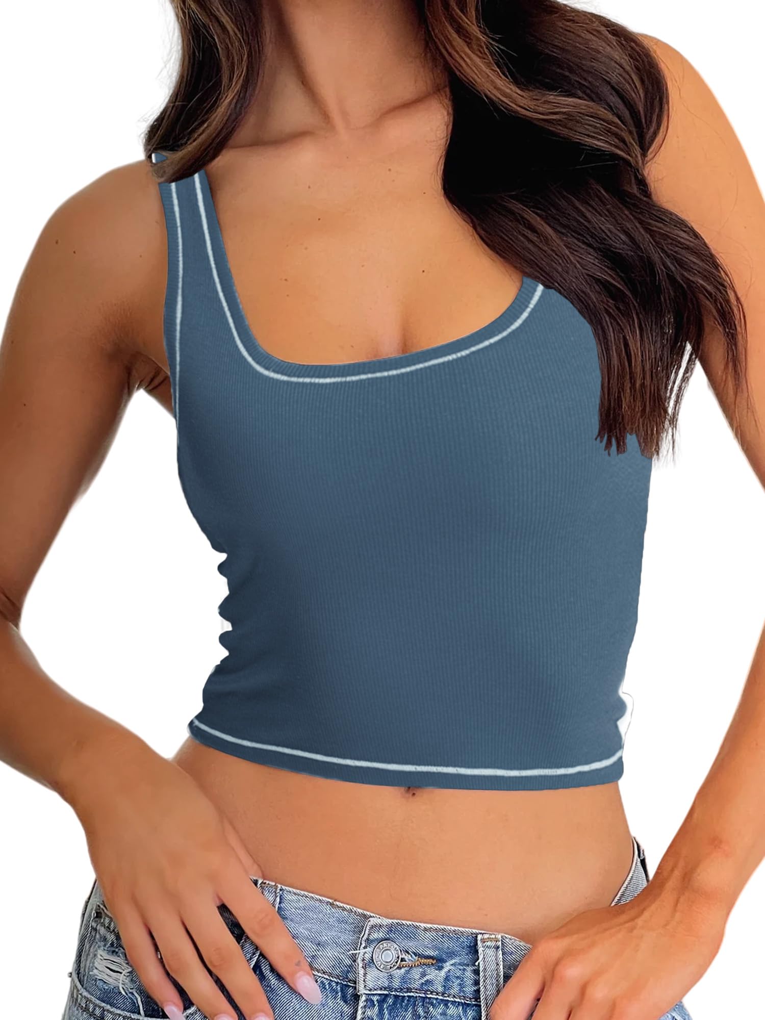 Danysu Women Rib Tank Top Padded Workout Top Square Neck Crop Tank Fitted Basic 