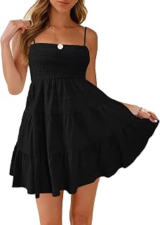 HVEPUO Women Spaghetti Strap Sleeveless Smock Cami Mini Dress Summer Flowy Boho Vacation A Line Swing Short Dresses for Women