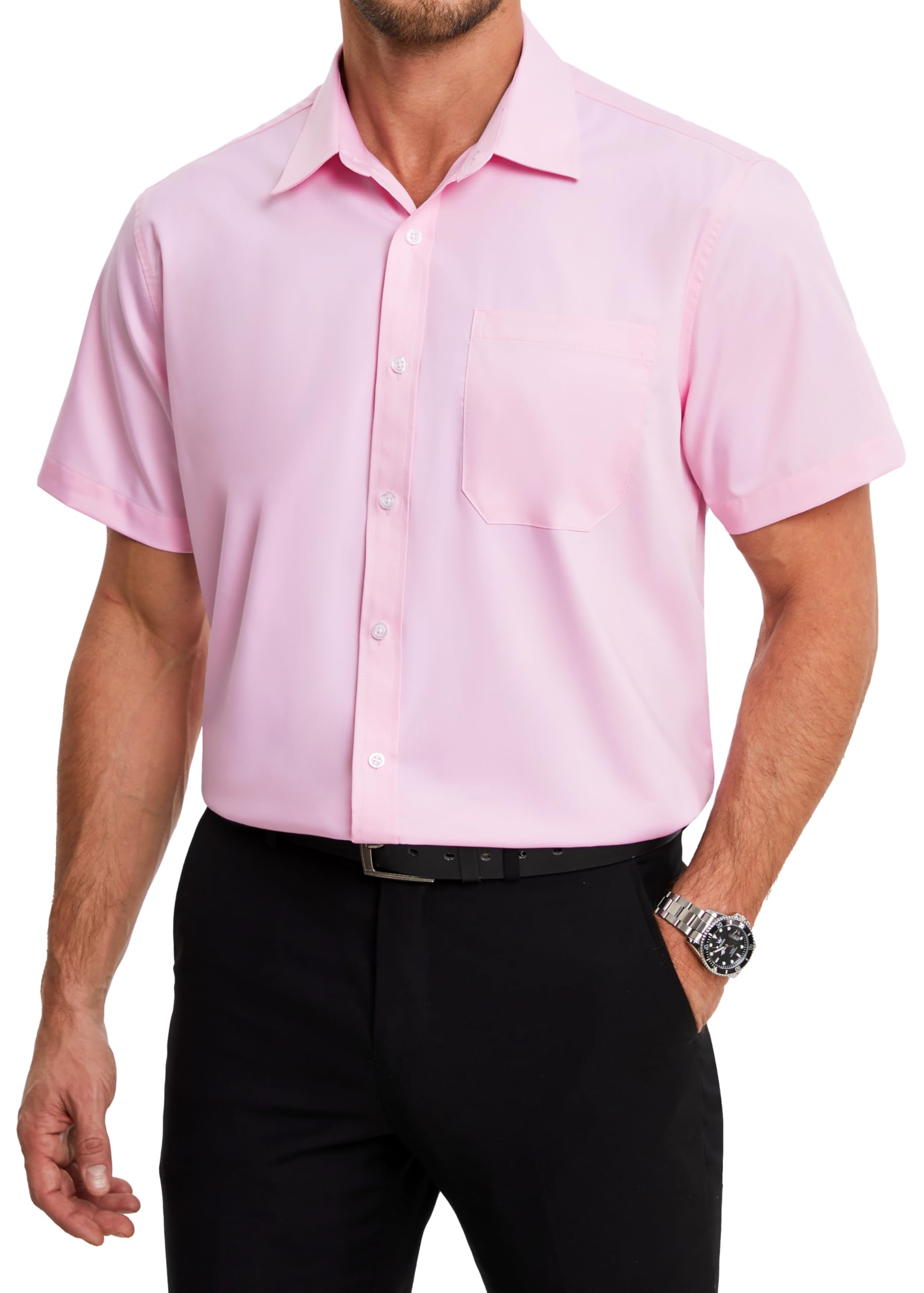 HISDERN Mens Short Sleeve Dress Shirts Bamboo Fiber Anti-Wrinkle Shirt Casual Bu
