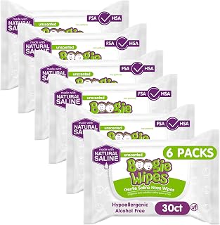 Boogie Wipes Gentle Saline Nose Wipes - 180 Count | Unscented, Hypoallergenic & Alcohol-Free - Made with Natural Saline, Aloe, Chamomile & Vitamin E - Diaper Bag Essential