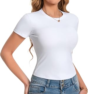 Women's Short Sleeve Fit T-Shirt, Buttery Soft Crop Tops, Slim Y2k Basic Shirt for Workout