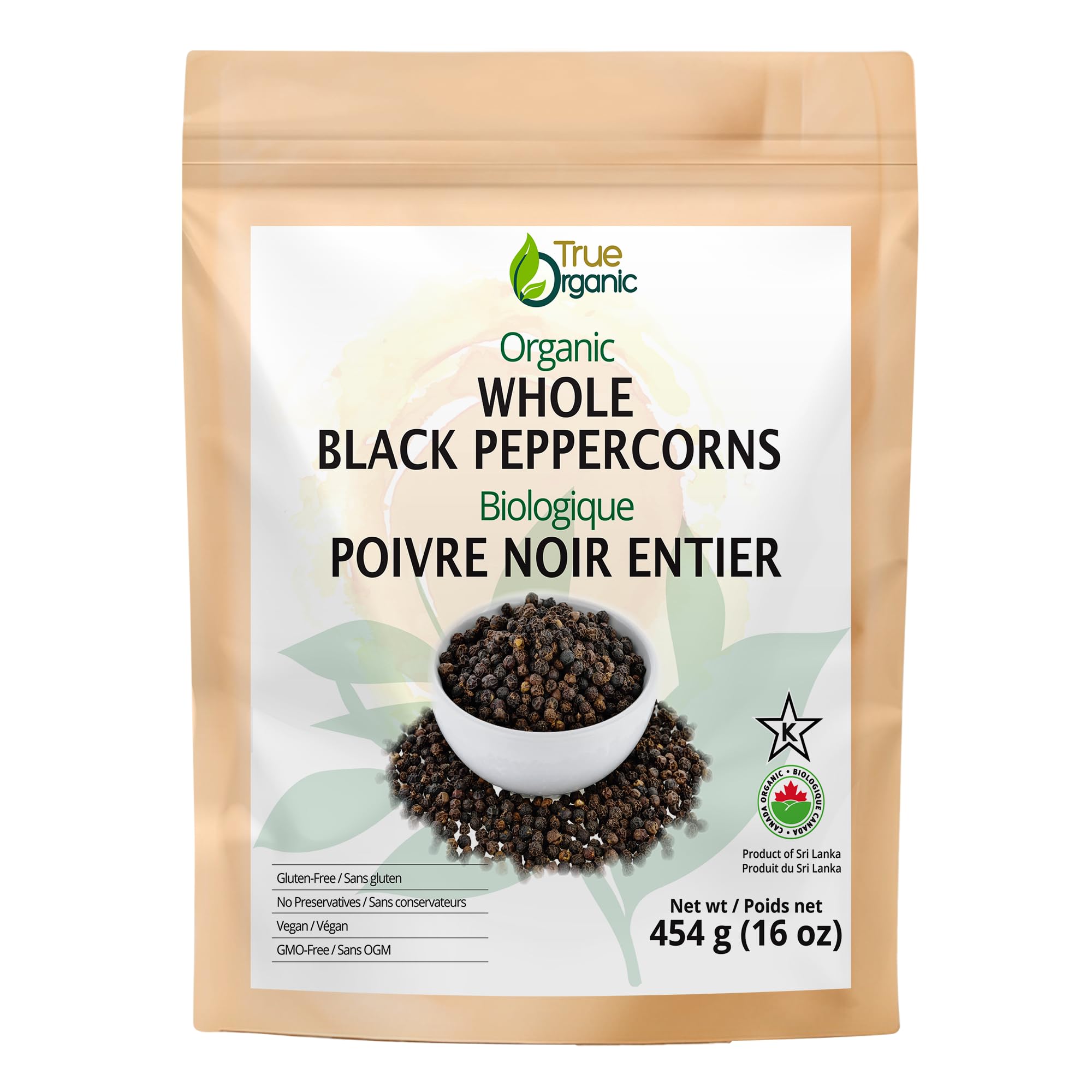 True Organic Ceylon Black Peppercorns Whole 16 Oz - USDA & Kosher Certified , Gl