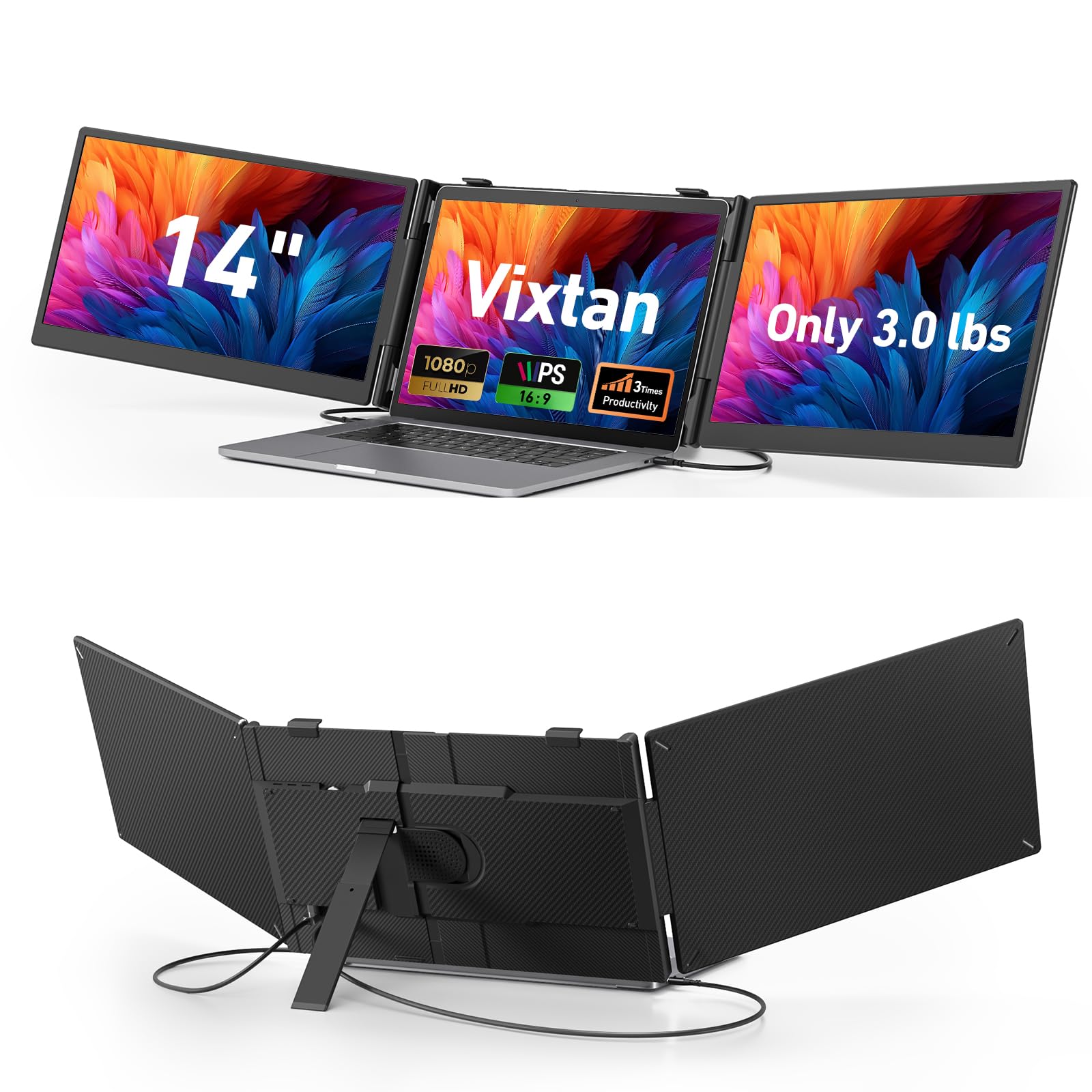 Vixtan 14" Triple Laptop Screen Extender, 3.0 lbs Lightweight FHD IPS Portable M