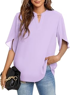 Funlingo Women's Summer Tops Short Sleeve Casual Shirts V Neck Chiffon Dressy Blouse Tops