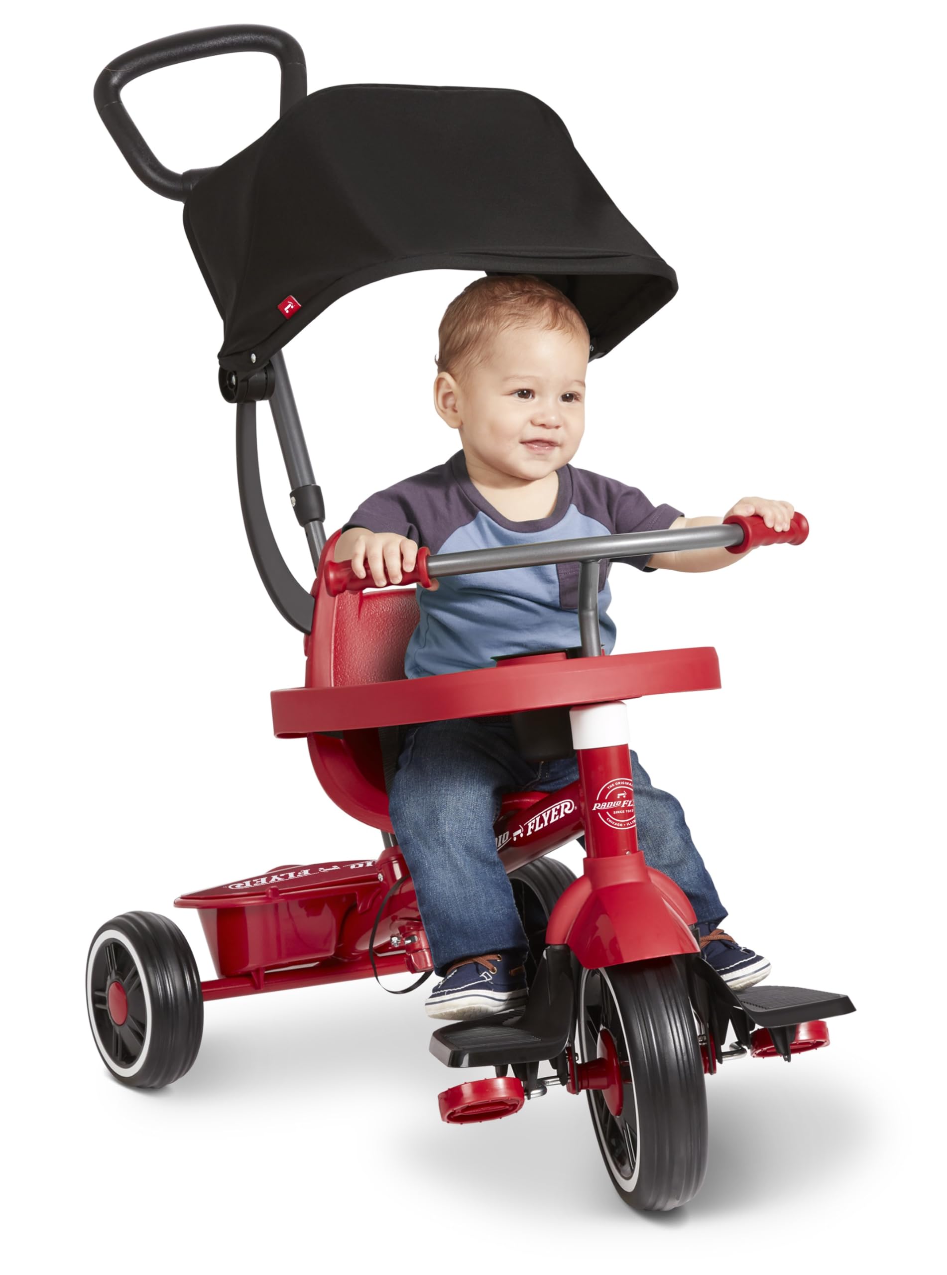 Radio Flyer 4-in-1 Pedal & Push Stroll ’N Trike, Ages 1-5, UV Canopy, Red | Todd