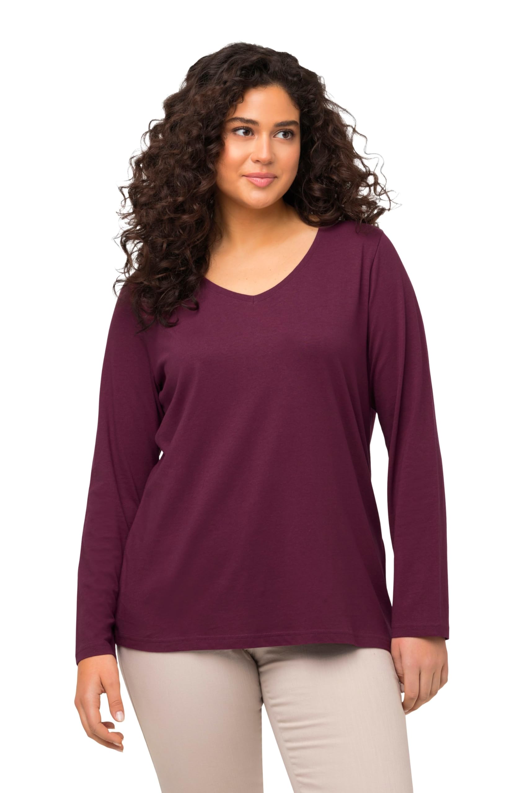 Ulla Popken Women's Plus Size Slim Fit V-Neck Long Sleeve T-Shirt 719505