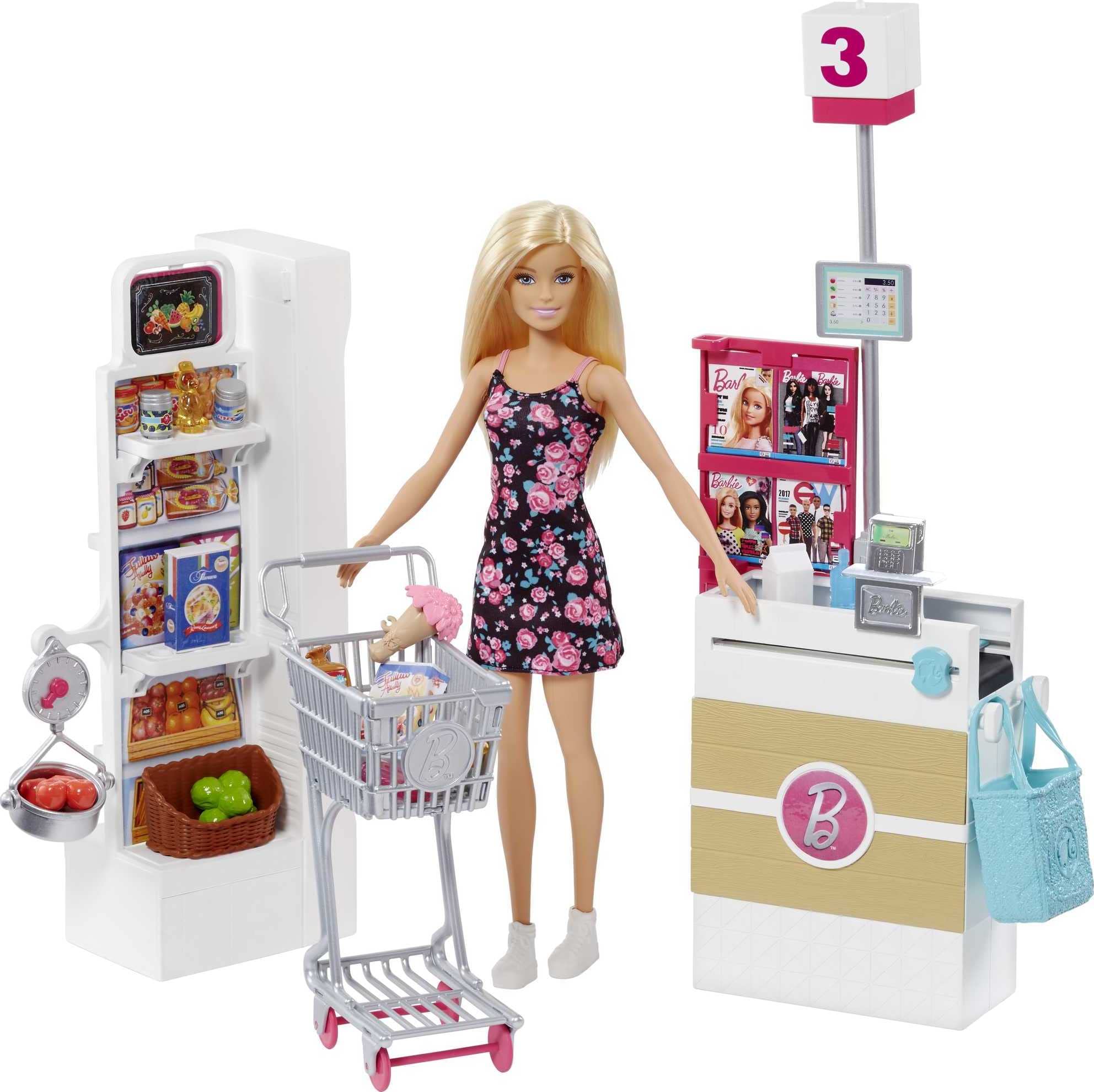 Barbie Doll with Blonde Hair and Grocery Store Themed Accessories | with Rolling