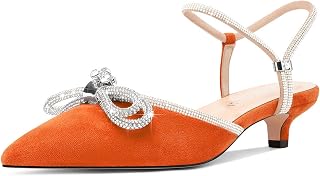 Womens Close Toe Rhinestone Bow Kitten Heels Pointed Toe Low Heel Bow Pumps Adjustable Ankle Strap Bridal Prom Wedding Dress Shoes