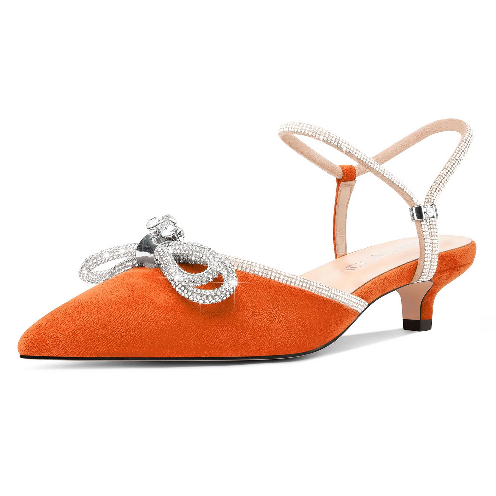 Womens Close Toe Rhinestone Bow Kitten Heels Pointed Toe Low Heel Bow Pumps Adju