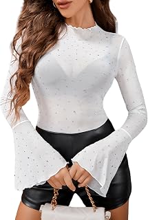Avidlove Women Rhinestone Mesh Tops Long Sleeve Bell Tops Glitter Blouses Sexy Shirts Disco Clothing Dresses S-XXL