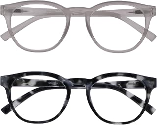 OPULIZE Blu Blue Light Blocking Reading Glasses Pack of 2 Round Frame Ice Black Gray Tortoise Spring Hinges Improve Sleep Computer Gaming Anti-glare Man Woman BB5-CW +1.00