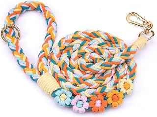 5FT Braided Cotton Rope Leash for Small, Medium and Large Dogs,Rainbow Mix | Handmade cute floral dog leash with five-flower design, soft cotton grip and handle O-ring for daily walks and photos