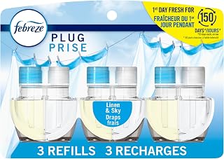 Febreze Plug in Air Freshener, Odor-Fighting Scented Oil Refill for Home and Bathroom and Kitchen, Long Lasting for Strong Odors, Linen & Sky Scent, 3 Count