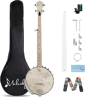 Mulucky 5 String Open Back Banjo MB1101, Maple 24 Brackets Remo Head Kit | Crafted with maple, a Remo head, 24 brackets, and geared 5th tuner. Includes complete beginner accessories.