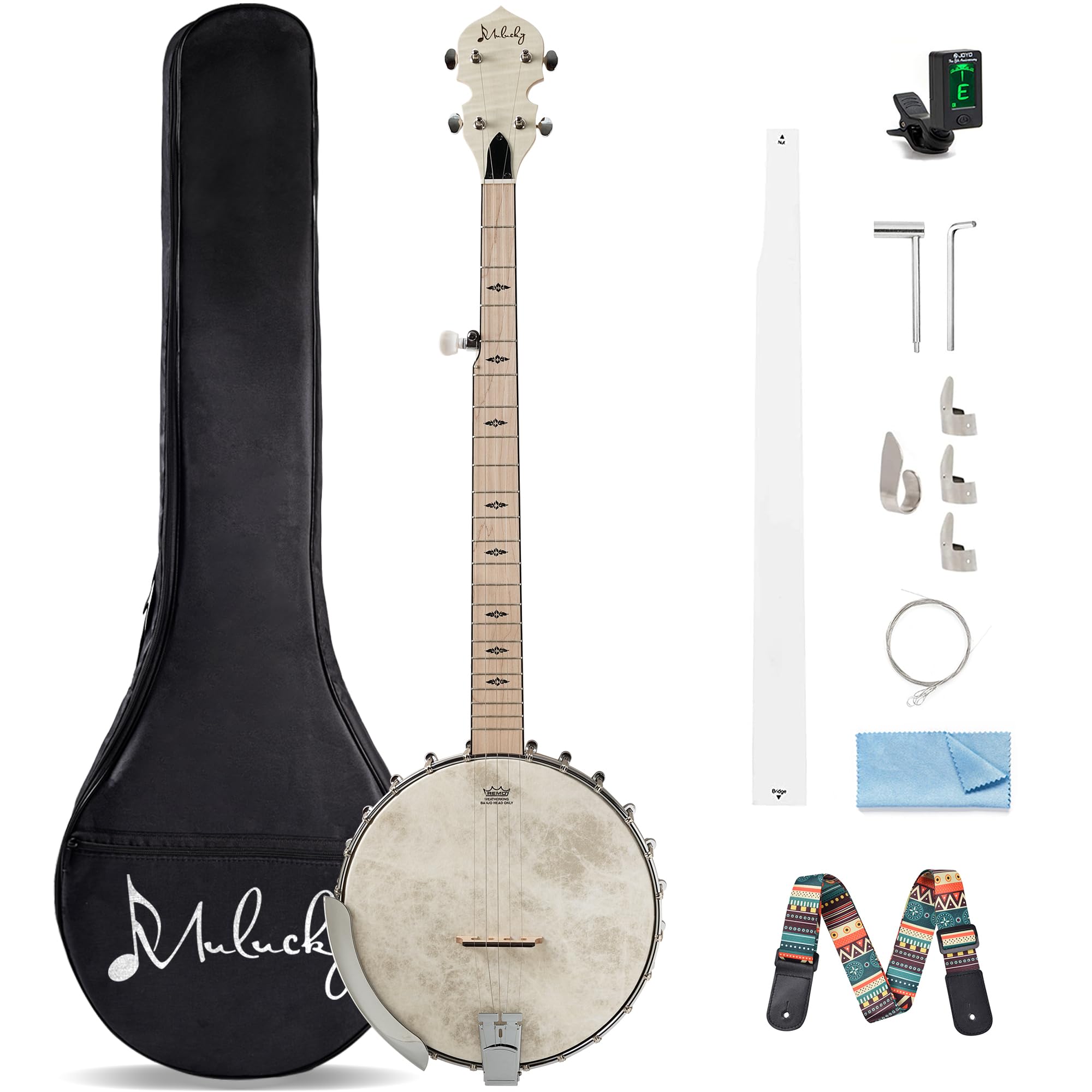 Mulucky 5 String Open Back Banjo MB1101, Maple 24 Brackets Remo Head Kit | Craft