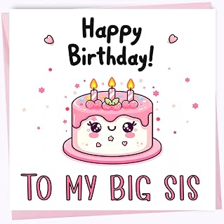 Printperfect - Happy Birthday Card For Big Sister – Cute Birthday Cake Card for Sis – From Little Brother Sister Sibling - Pink Cake Card For Her 150mm x 150mm