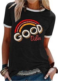 WIEIYM Good Vibes Women's T-Shirt Crew Neck Short Sleeve Summer Rainbow Top