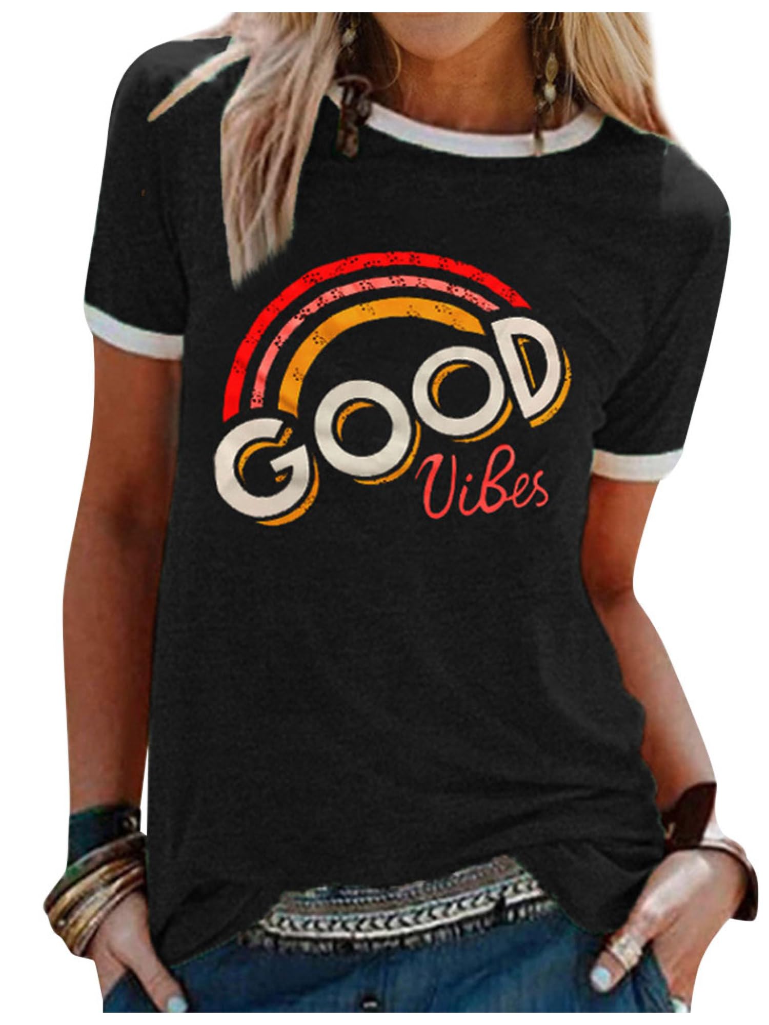 WIEIYM Good Vibes Women's T-Shirt Crew Neck Short Sleeve Summer Rainbow Top