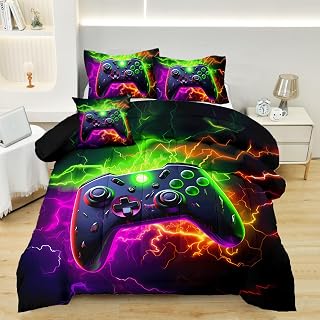 Full Gamer Bedding Sets for Boys Teen, 4 Piece Full Size Gaming Comforter Set for Boys, Full Bedding Set for All Season