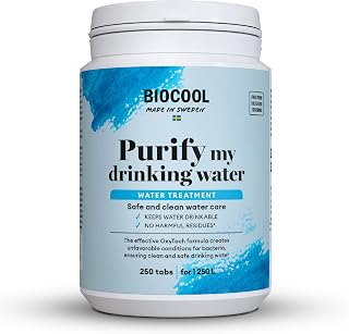 Biocool Water Purification Tablets | 1 tablet treats 5 litres | For Clean Drinking Water in Caravans, Camping, Hiking and Emergencies - 250 Tablets Pack treats up to 1,250 litres