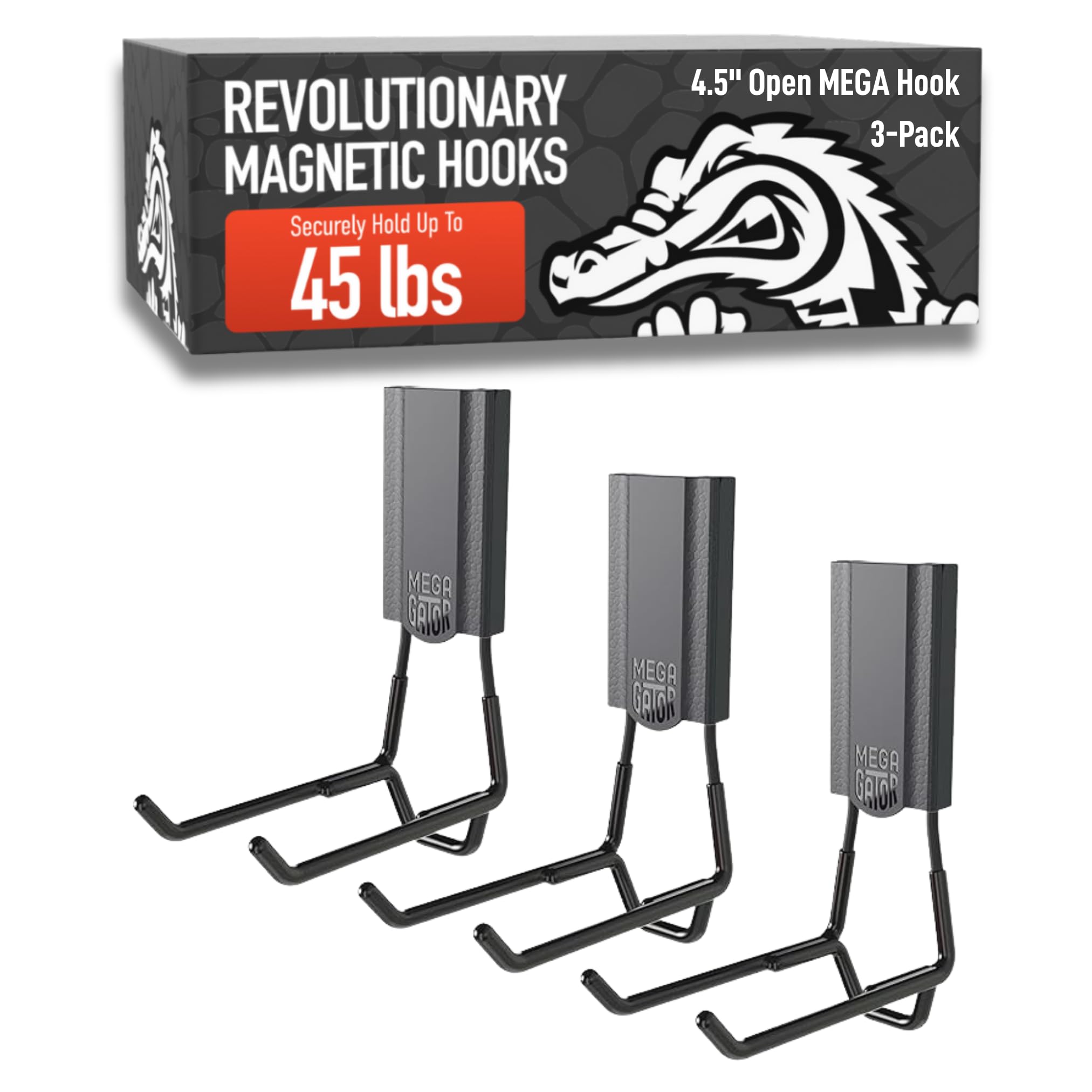 GATOR MAGNETICS MEGA 4.5 in Open Hooks, 45 lb Magnetic Hooks – 3 Pack | Patented