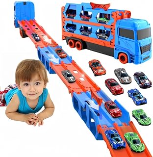 Bearbao Toddler Boy Toys for 2 3 4 5 6 Years Old Boys, 65 Inches Race Track for Boys Kids Die-Cast Transport Truck Car Toys, Toddler Car Toys Set for Kids Boy