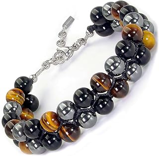 Triple Protection Bracelet for Men - HASKARE Natural Stone Tiger Eye Hematite Obsidian Handmade Balance Chakra Protection Healing Crystal Bracelet Mens Jewelry Beads Bracelet Durable Wire Bead Bracelet