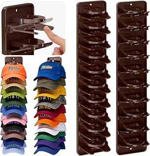 Spring Clip Hat Organizer for Baseball Caps – 2 Pack, Wall Hat Rack for Door & Closet – Keeps 20 Hats Tidy in Garage, Dorm, Man Cave – Multi-Layer Cap Storage (Brown)