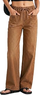 Sidefeel Womens Jeans High Waisted Elastic Straight Leg Stretchy Drawstring Trendy Wide Leg Loose Pull On Denim Pants