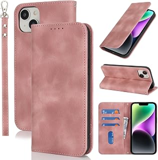 Phone Wallet Case with Wrist Strap, Wallet Case with Wrist Strap, Card Holder for iPhone 14/13 5G for Women Men, Magnetic Cash Pouch, 6.1 inch Matte Rose Gold