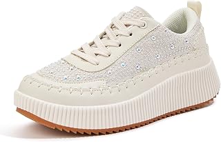 LUCKY STEP Scarpe da ginnastica da donna con plateau e strass, alla moda, grosse, casual, scintillanti, retrò, intrecci