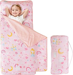 Viviland Toddler Kid Nap Mat for Preschool, Girls Pink Princess Daycare Kindergarten Slumber Bag
