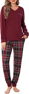Sopesil Women's Long Winter Pyjamas Two Piece Pyjamas Warm Long Sleeve and Plaid Pants Cosy Sleepwear with Pockets and Drawstring,S-XXL