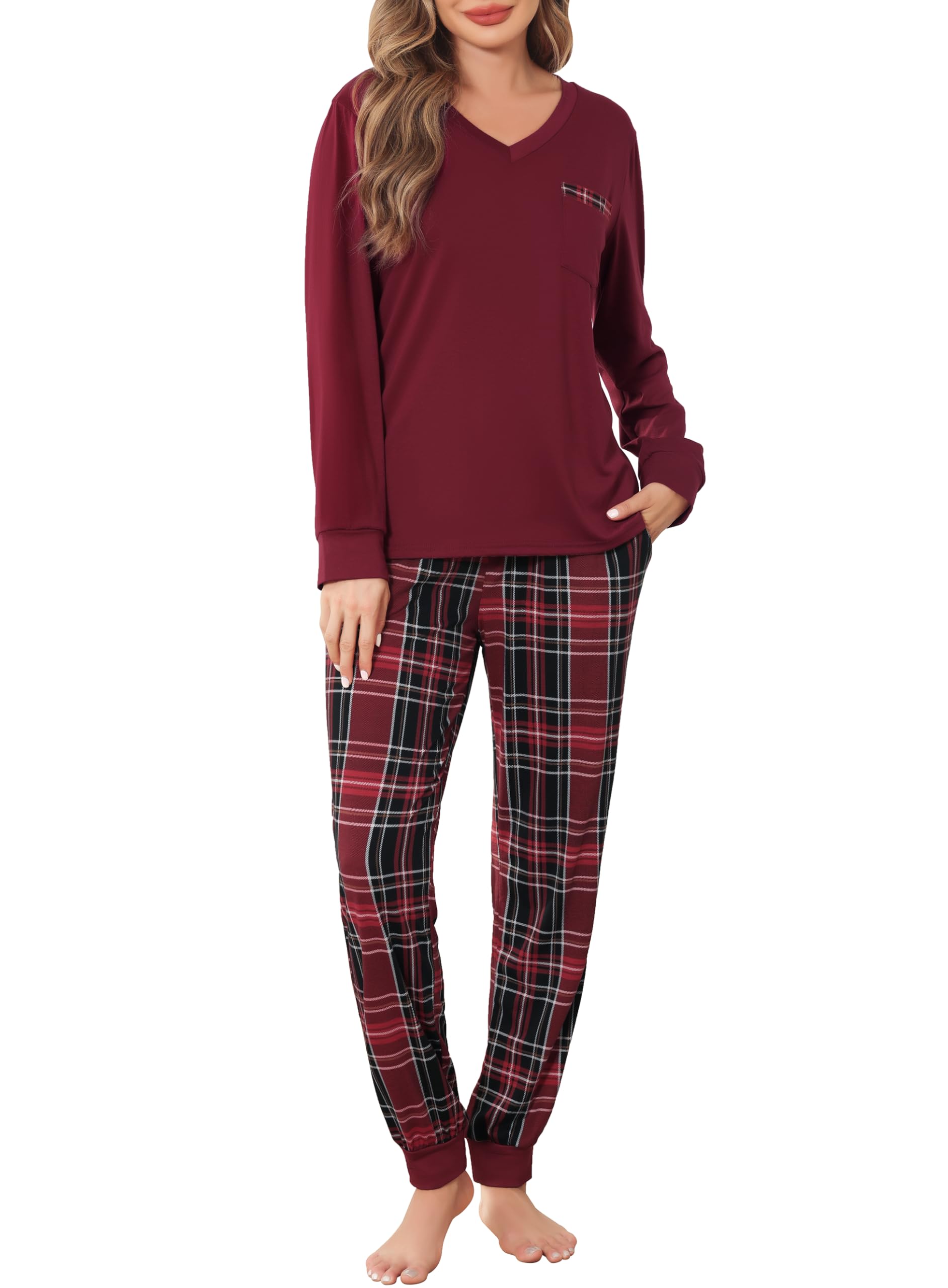 Sopesil Women's Long Winter Pyjamas Two Piece Pyjamas Warm Long Sleeve and Plaid