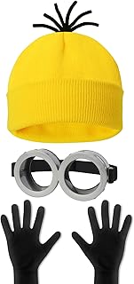 HEYFIZZ 3 Pcs Halloween Costume Accessories Adult, Easy Costume Men Women | One Size Fits Most,Last Minute Adult Halloween Costumes,Yellow Beanie Hat,Adjustable Goggles,Gloves,Family Group Costume