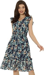 Allegra K Womens Floral Dress V Neck Ruffle Smocked Knee Length Dresses