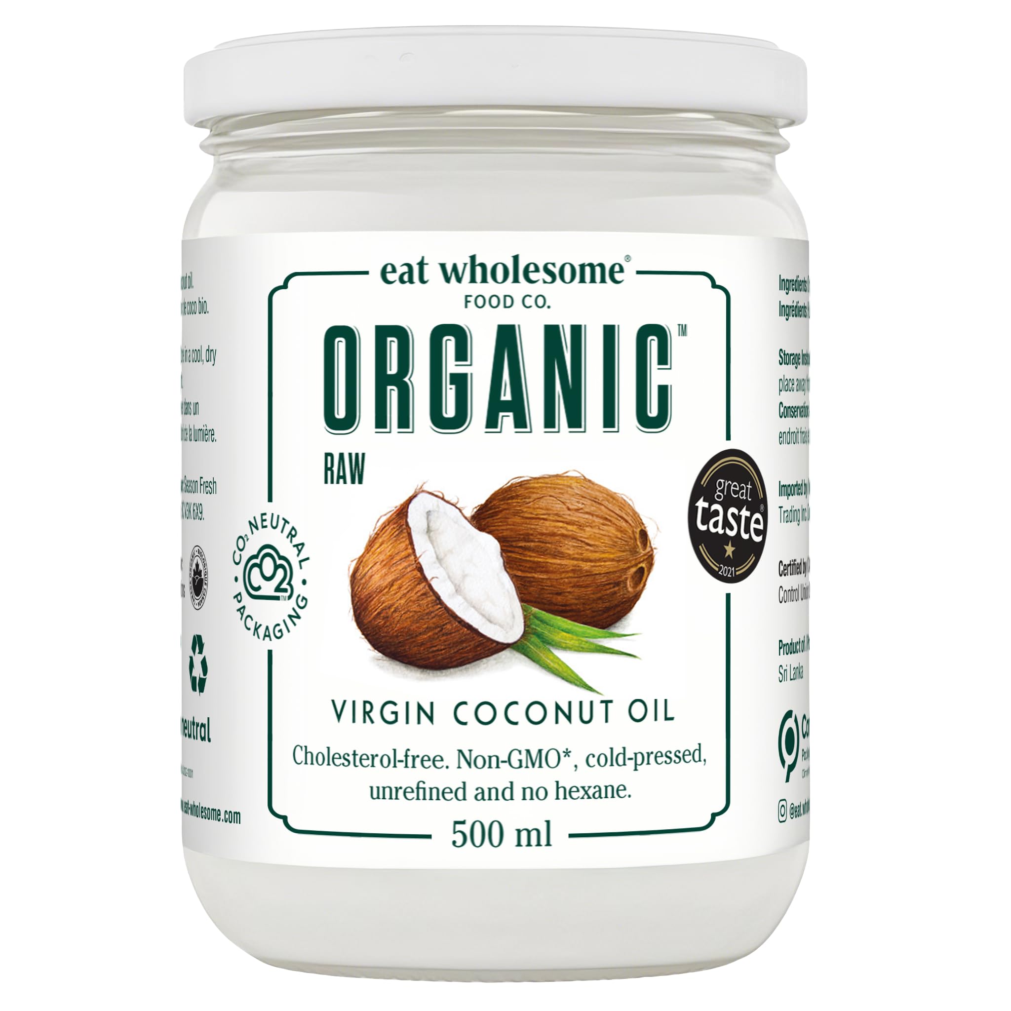 Eat Wholesome Organic Raw Virgin Coconut Oil in Glass Jar, 500 ml (Pack of 1)