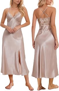 ALCEA ROSEA Women Silk Satin Nightgown Sexy Lace Chemise Lingerie Long Sleepdress for Ladies Sleepwear Slip Negligee