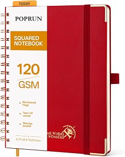 POPRUN Spiral Notebook A5, Squared Notebook with 141 Numbered Pages, Notebook with Self-Adhesive Labels and 8 Detachable Sheets, Thick Paper 120 GSM, Red (RD)