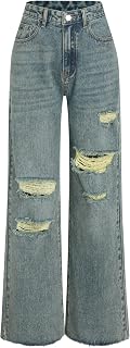 CIDER Women High Waist Distressed Wide Straight Wide Leg Ripped Jeans Pants