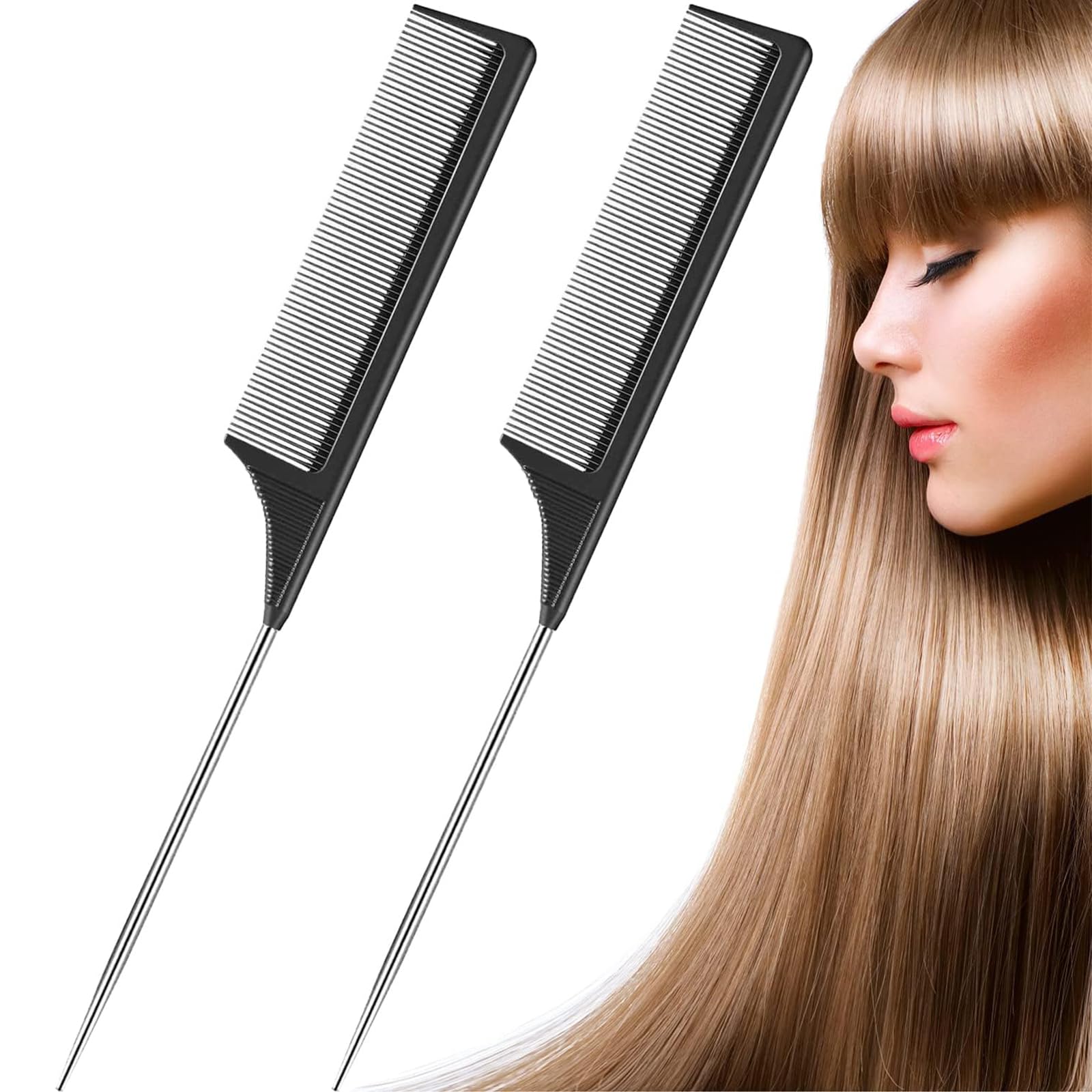 2 Pack Lat Tail Comb with Heat Resistant Tooth Stainless Steel Handle Hair Comb 